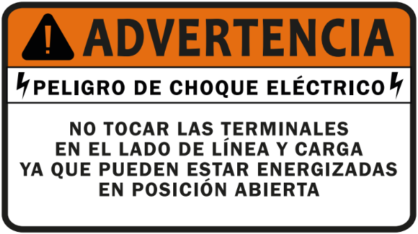 10 pack etiqueta solar - ADVERTENCIA / PELIGRO DE CHOQUE ELÉCTRICO / NO TOCAR LAS TERMINALES EN EL LADO DE LÍNEA Y CARGA YA QUE PUEDEN ESTAR ENERGIZADAS EN POSICIÓN ABIERTA — Naranja, blanco y negro