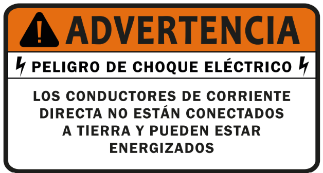 10 pack etiqueta solar - ADVERTENCIA / PELIGRO DE CHOQUE ELÉCTRICO / LOS CONDUCTORES DE CORRIENTE DIRECTA NO ESTÁN CONECTADOS A TIERRA Y PUEDEN ESTAR ENERGIZADOS — Naranja, blanco y negro